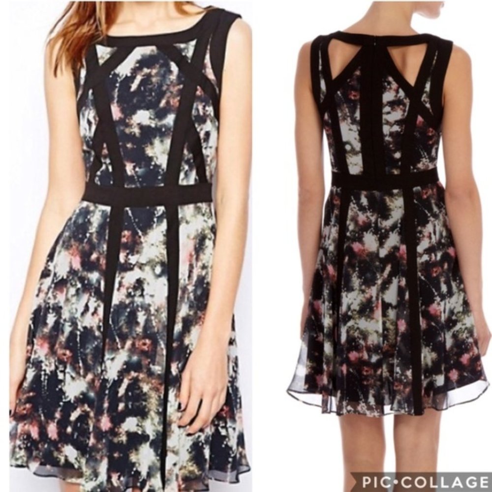 KAREN MILLEN Smudge Print Cut Out Dress, 100% Silk